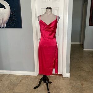 New Women Medium Hot pink colored satin slip dress with cowl neck with Slit
